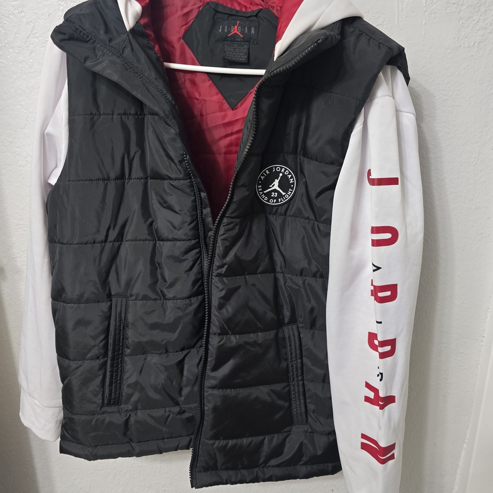Jordan Black Puffer Vest with White and Red Hoodie Youth XL 13-15 Yrs.